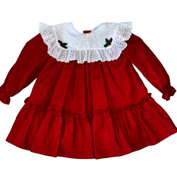 Martha's Miniatures We're Fussy Red Eyelet Lace Neck Vintage Christmas Dress 3T